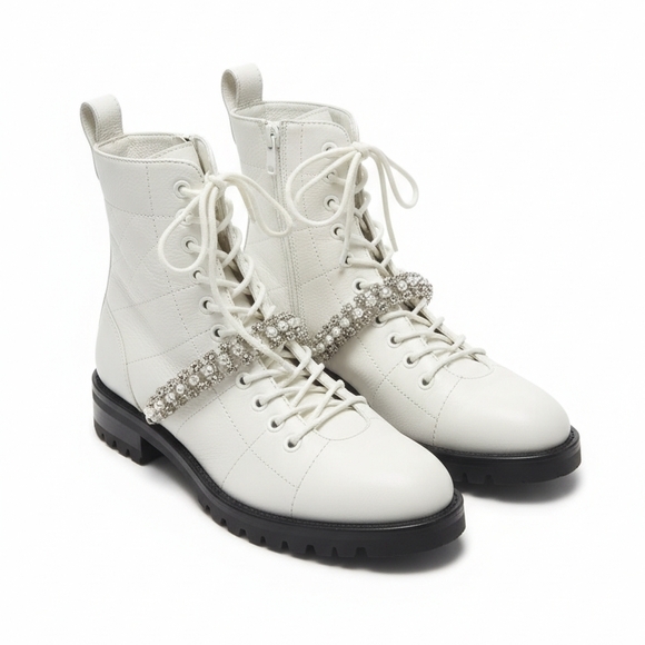 Jimmy Choo White Ankle Boots with Rhinestone Accent - Picture 5 of 5